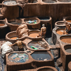 Workers at the Chouara Tannery in Fez labor inside large stone vats filled with dyes and soaking hides, surrounded by rows of circular pits in varying earthy colors.