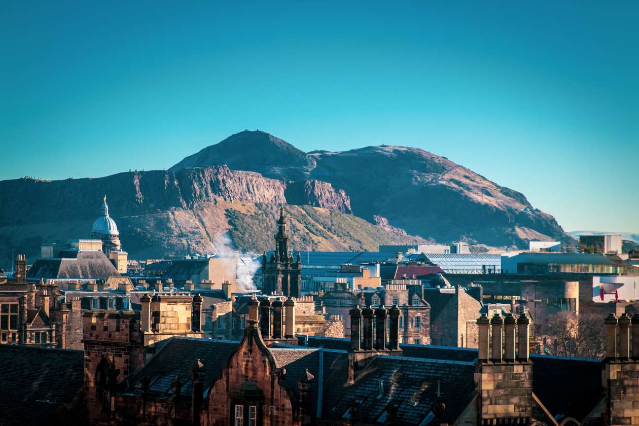 Aerial view of Edinburgh Skyline with Arthur's Seat in the background