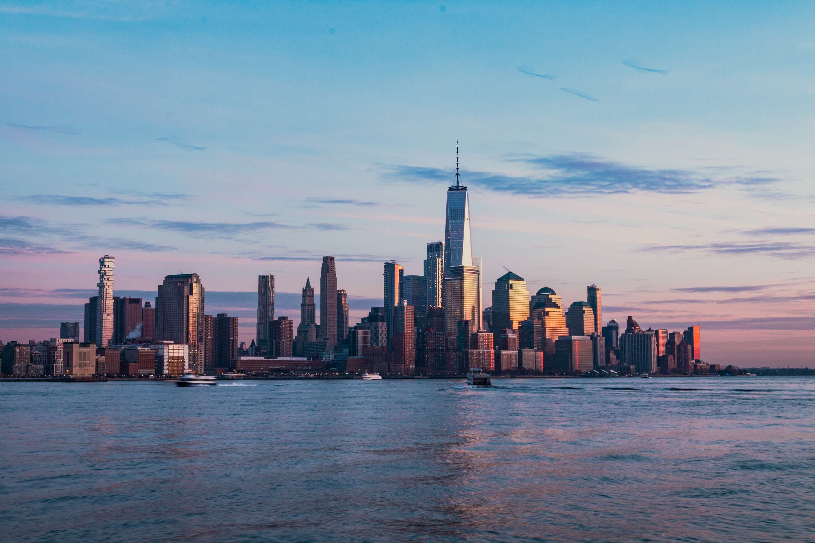 aerial view of lower manhattan at sunset