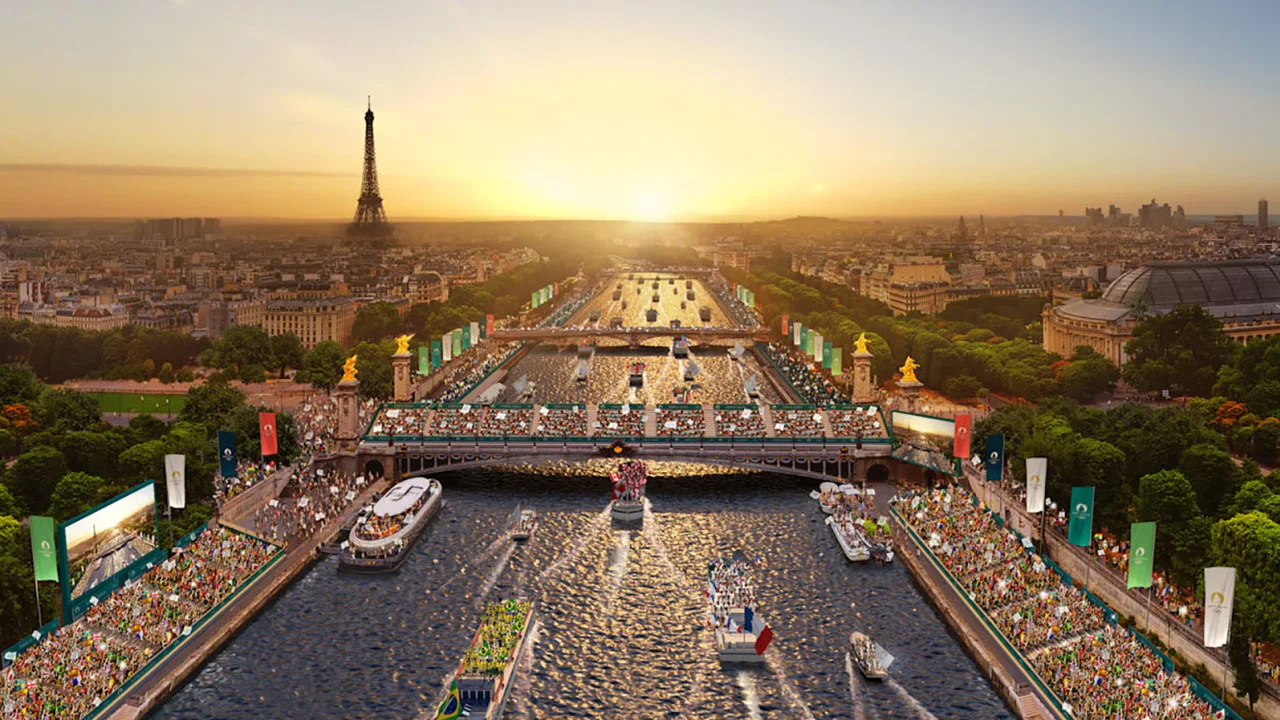Digital Rendering of the Paris 2024 opening ceremony on the Seine River.