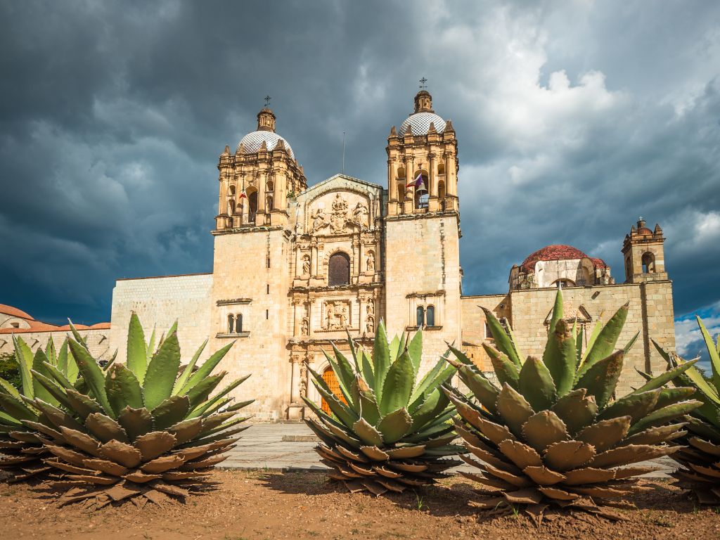 cathedral in Oaxaca on a cloudy day