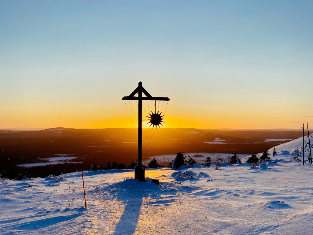 A sundial showing the winter solstice in Pelkosenniemi, Finland, part of winter Solstice traditions and celebrations around the world.