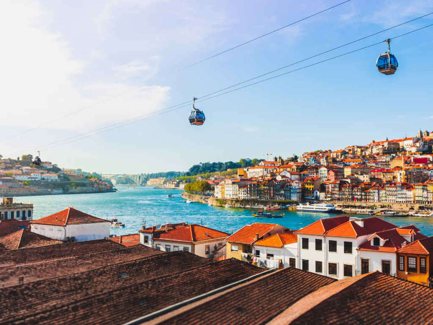 The Gaia Cable Car runs over terracotta roofs and the Duoro River is in the background