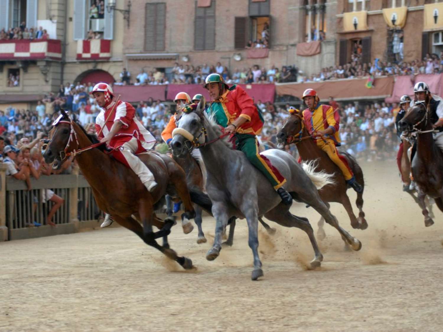 A view of horse racers in Siena, Italy