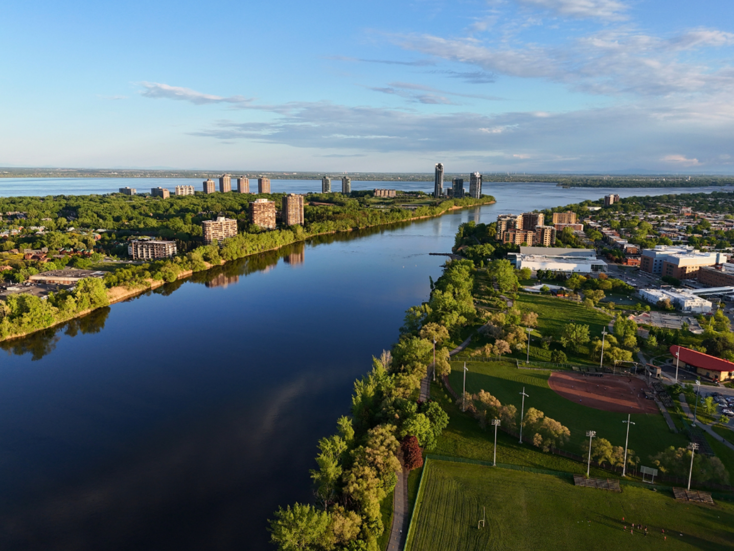 An aerial shot of Nun's Island off the shore of the Verdun neighborhood in Montreal. 